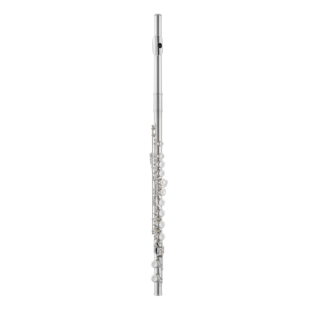 Full view of the Jupiter JFL700A student flute with silver-plated body and closed-hole keys