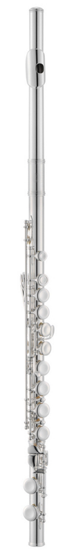 Full view of the Jupiter JFL700A student flute with silver-plated body and closed-hole keys
