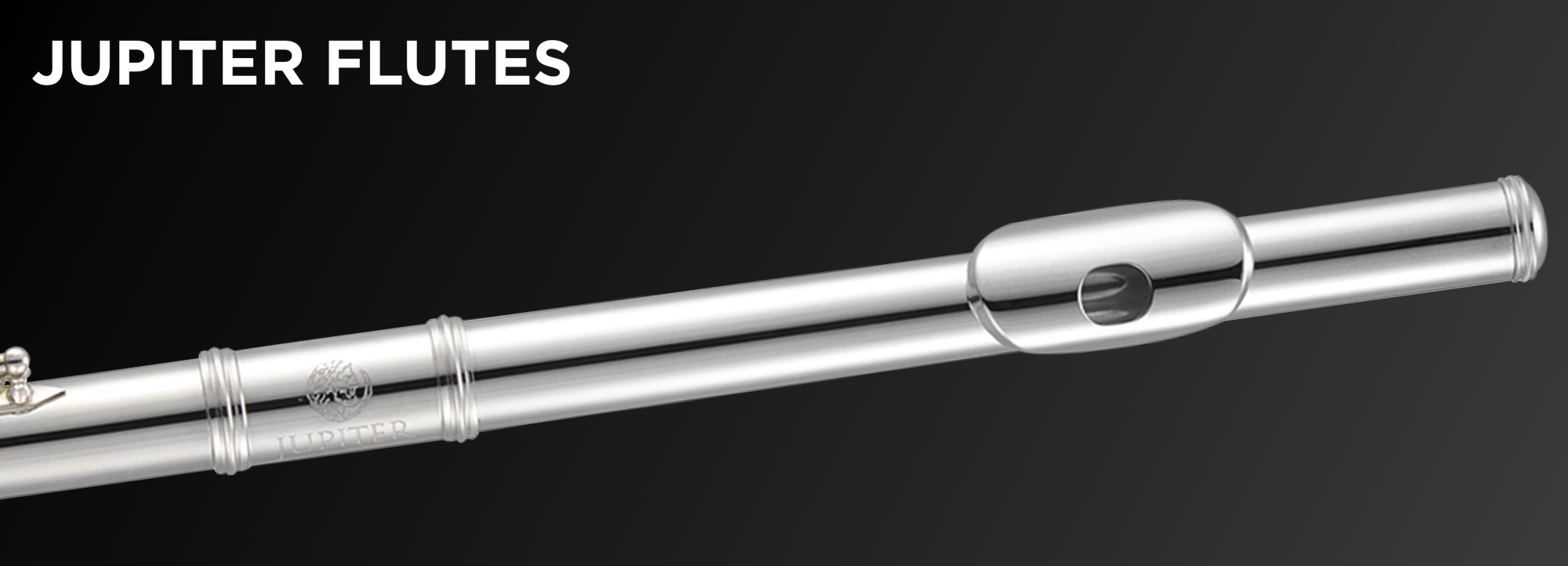 Close-up of a Jupiter flute headjoint with 'Jupiter Flutes' text on black background.