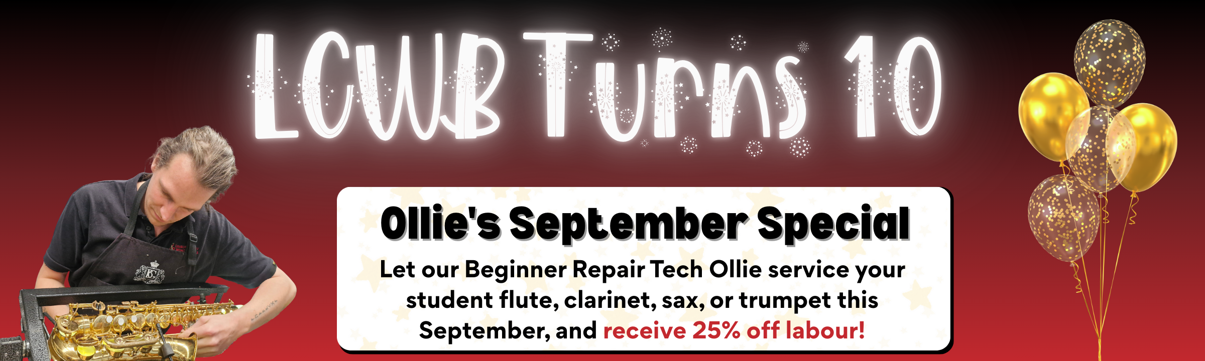 Banner showing a special deal on musical instrument repairs at Leisure Coast Wind & Brass in September 2025