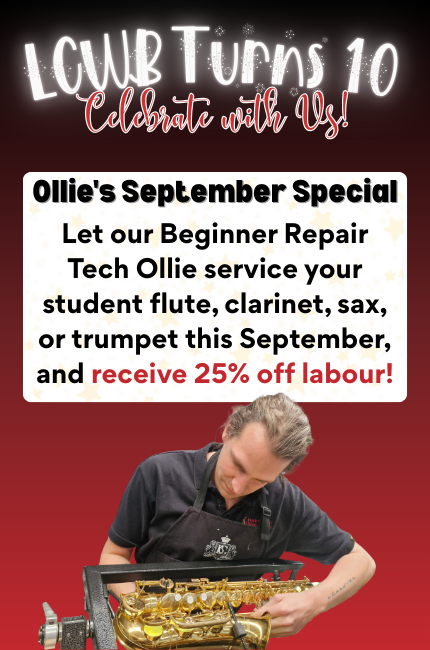 Banner showing a special deal on musical instrument repairs at Leisure Coast Wind & Brass in September 2025