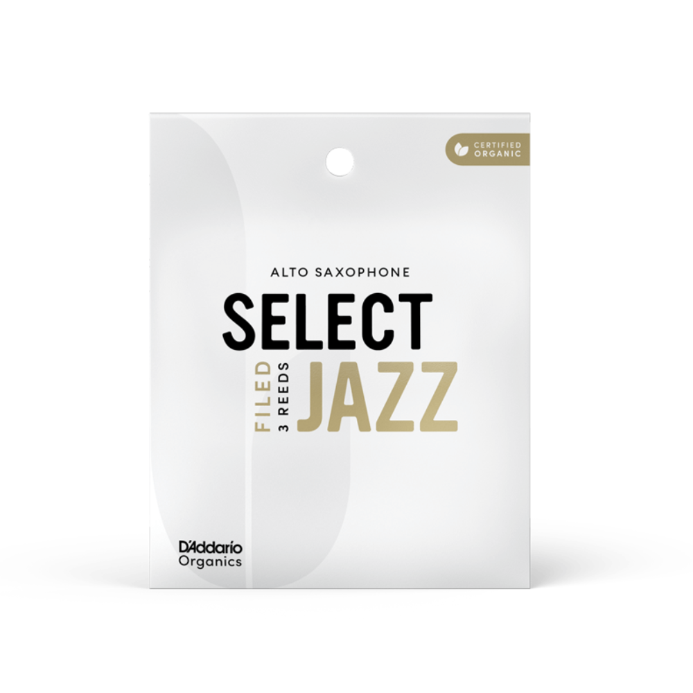 D'Addario Select Jazz reeds for alto saxophone, filed, 3-pack, front packaging view.
