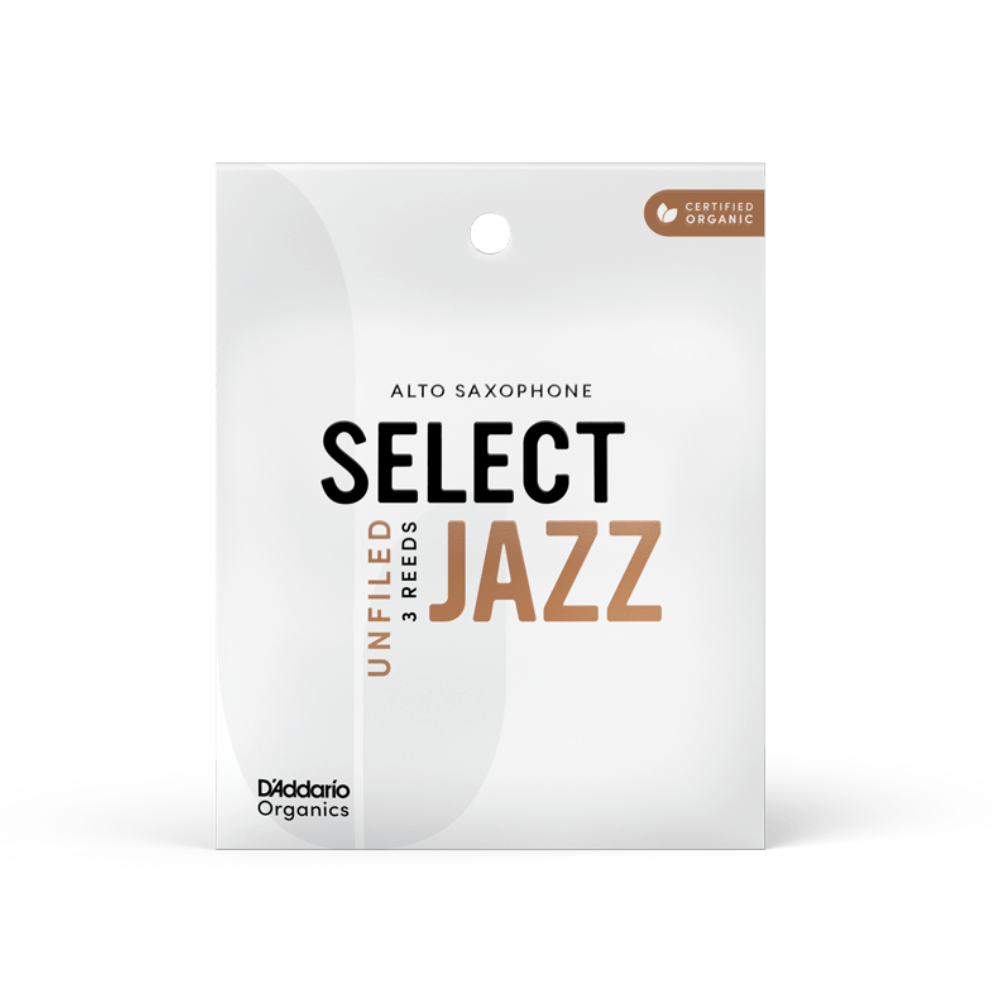 D'Addario Select Jazz reeds for alto saxophone, unfiled, 3-pack, front packaging view.